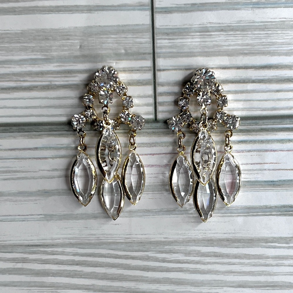 Gold tone crystal chandelier pierced earrings